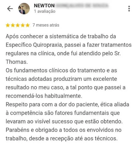 Avaliação de paciente destacando resultados clínicos positivos, ética profissional e atendimento realizado pelo Dr. Thomas em clínica de quiropraxia em Floripa