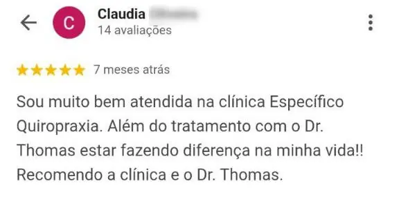 Avaliação de paciente destacando bom atendimento e impacto positivo do tratamento com o Dr. Thomas na qualidade de vida em clínica de quiropraxia em Florianópolis