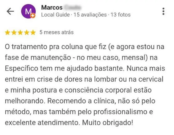 Avaliação de paciente relatando melhora da postura, ausência de crises de dor lombar e cervical e fase de manutenção em tratamento de quiropraxia em Florianópolis