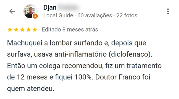 Avaliação de paciente que machucou a lombar surfando e ficou 100% após doze meses de tratamento com o Dr. Franco em Florianópolis