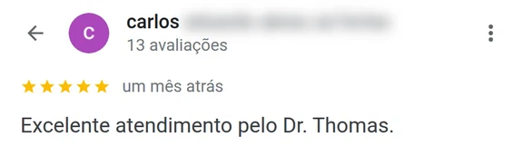 Avaliação de paciente elogiando o excelente atendimento do Dr. Thomas em clínica de quiropraxia em Florianópolis